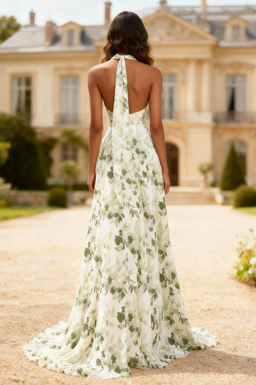 Strapless Green Print Flower A-Line Prom Dress